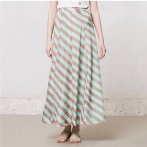 100% SILK ANTHROPOLOGIE Mint & Brown Flowy Striped Full Circle Maxi Skirt Sz:S